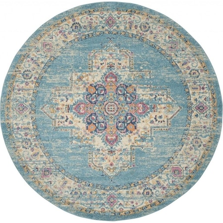 Homeroots 8 ft. Round Light Blue Distressed Medallion Area Rug 385338